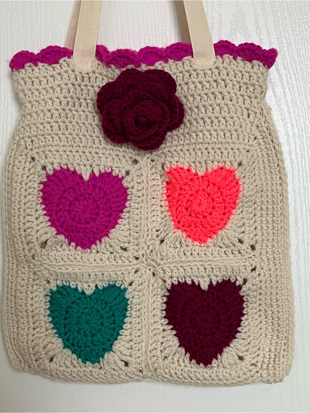 Handmade Crochet Heart Tote Bag in Cream with Multicolor Hearts